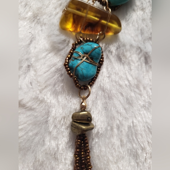 Antique Beautiful Turquoise & Brown Stone Wrapped Gold Tone Wires & Beaded - Picture 5 of 14